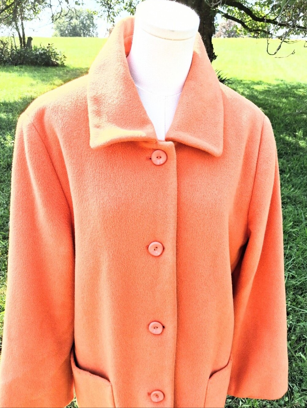 Vintage Tribal Pumpkin Orange Wool Pea Coat Mohair Angora Over Coat Size 12